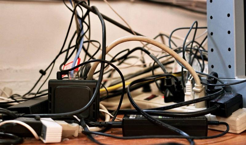 A messy bundle of cords and cables.