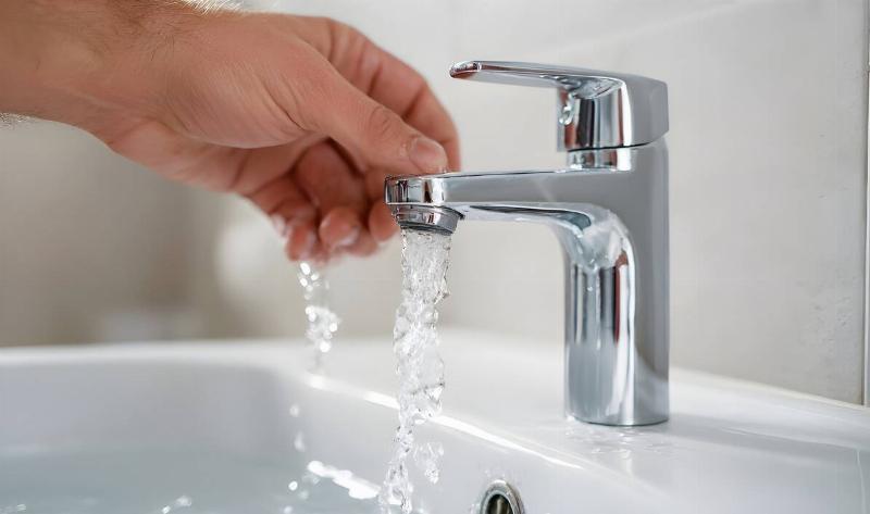 A person washing their hands, reaching for the sink faucet handle.