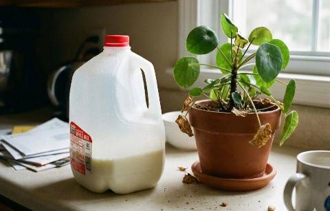A gallon jug of milk on a counter next to a dying potted plant.