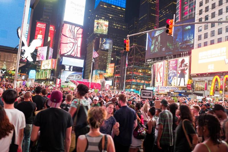A crowded Times Square in new York City.