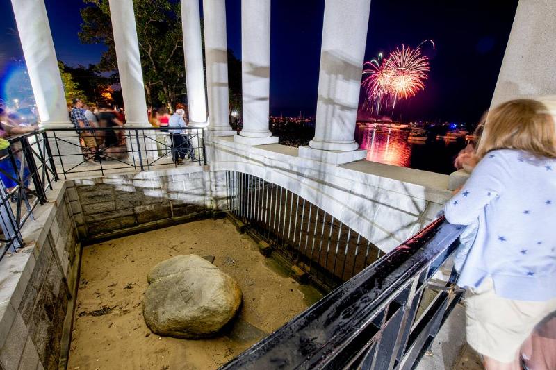 A view of the fireworks display at Plymouth Rock on Independence Day on July 04, 2019 in Plymouth, Massachusetts.