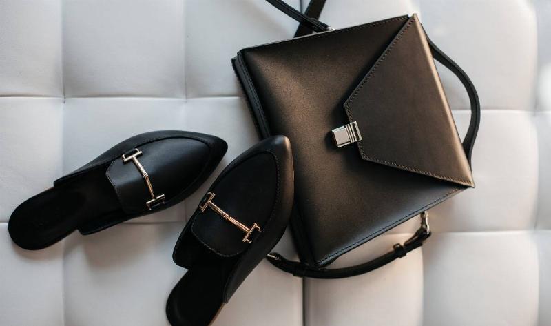 A leather bag and a pair of leather shoes.