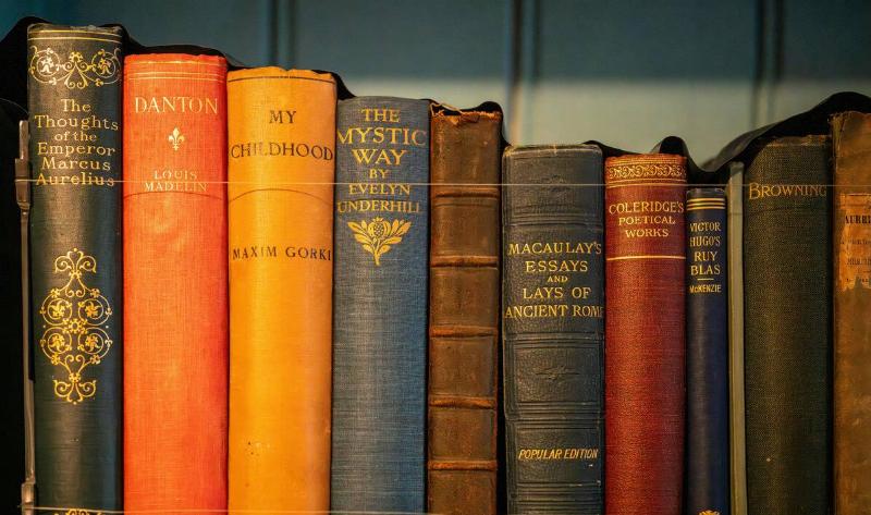A row of vintage hardcover books on a shelf.