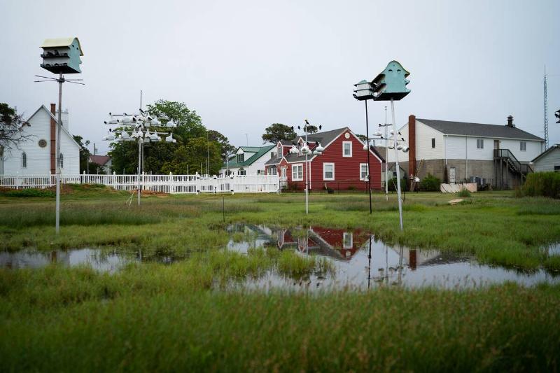 Houses are reflected in the soggy ground of Tylerton, Smith Island in the Chesapeake Bay.