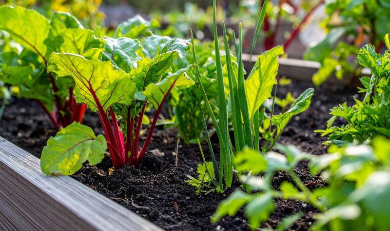 A closeup of a young veggie garden's sprouting plants.