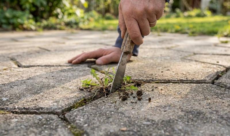 A person using a paint scraper to dig out a weed between some concrete pavers.