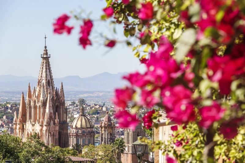 San Miguel de Allende, Guanajuato, Mexico, Parroquia de San Miguel Arcangel, Saint Michael Archangel church seen through Bougainvillea