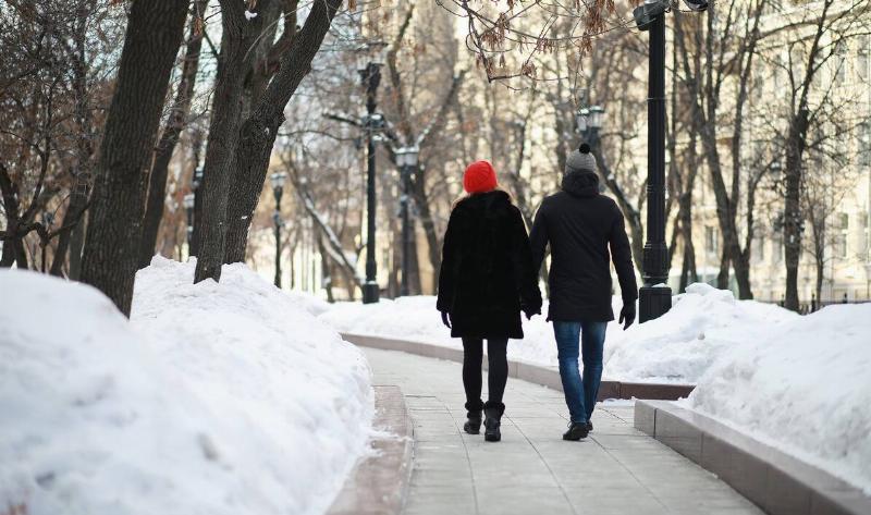 A couple walking through a snowy city part, holding hands.