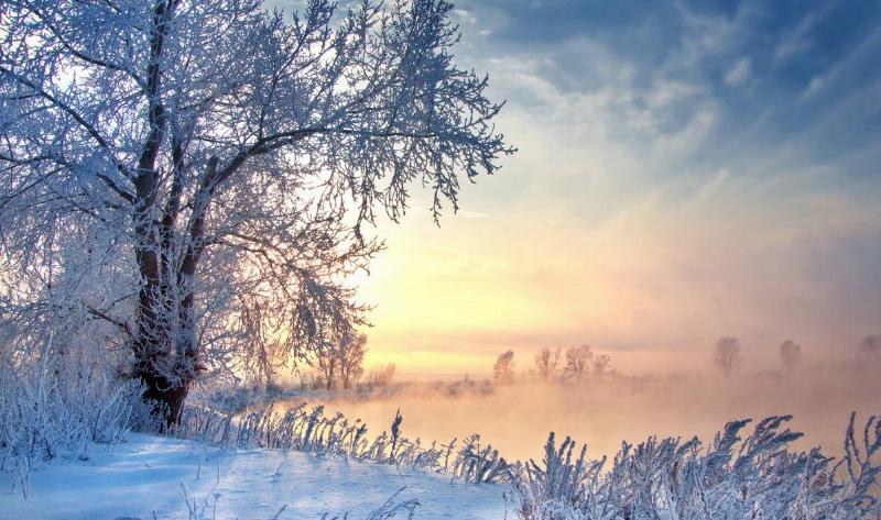 A winter morning landscape with the sun rising over the horizon.