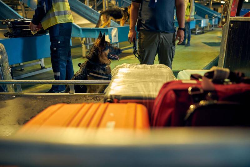 Security guards with detection German Shepherd dogs inspecting baggage at airport