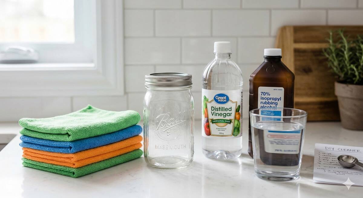 Microfiber cloths, a jar, vinegar, rubbing alcohol and a glass of water on a counter. 