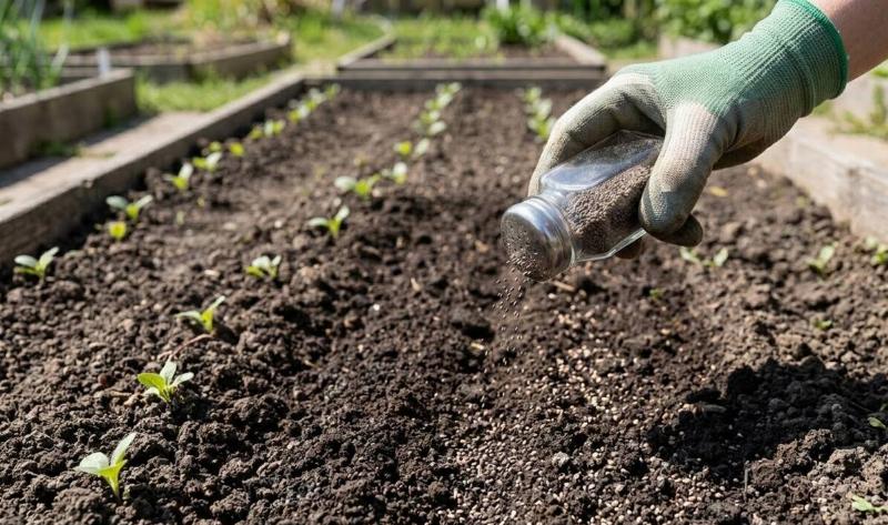 A person using an old salt shaker to scatter seeds in a garden bed.