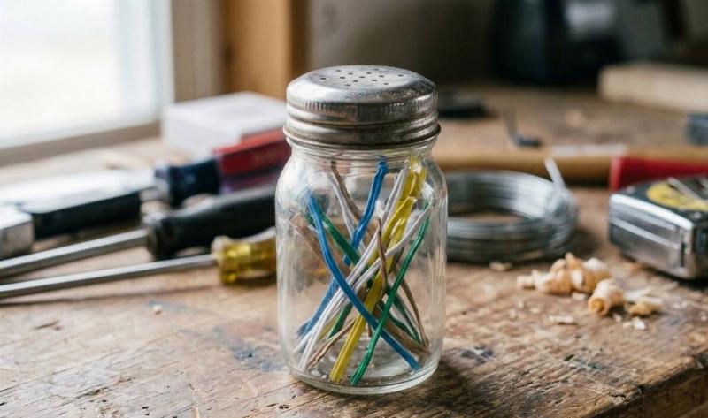 An old salt shaker being used to keep twist ties.