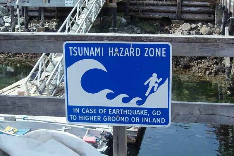 Tsunami hazard sign at Bamfield, British Columbia.