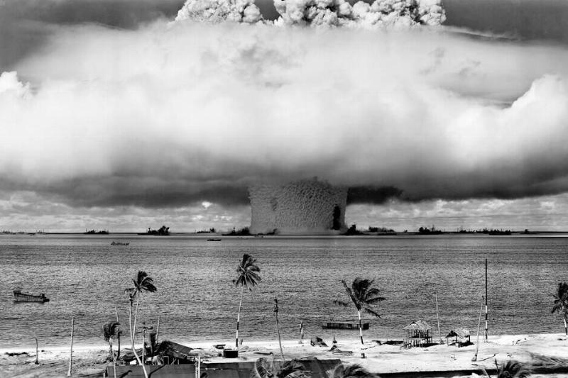 Mushroom-shaped cloud and water column from the underwater Baker nuclear explosion of July 25, 1946.