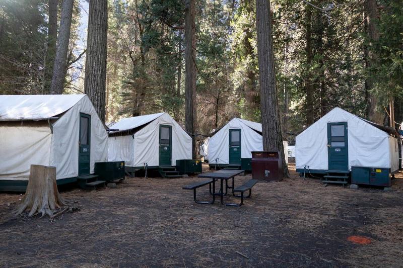 Accommodations in Curry Village during winter in Yosemite Valley in Yosemite National Park.