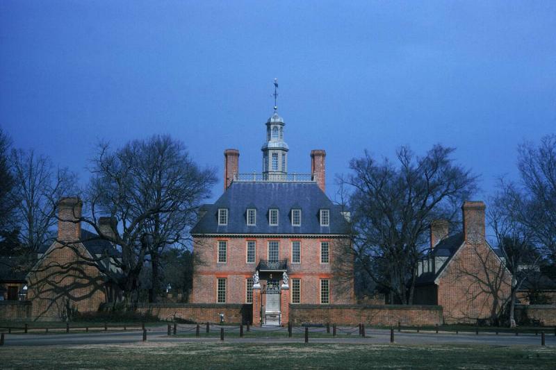 View of the Governor's Palace, as seen from the Palace Green, Colonial Williamsburg, Virginia, February 1975.