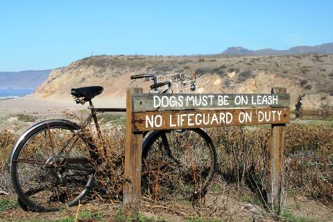 Jalama beach with a bike leaning on a sign.