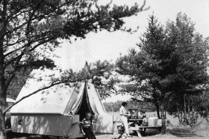 Black and white, Campers at Birch Lake Campground, 1960. 
