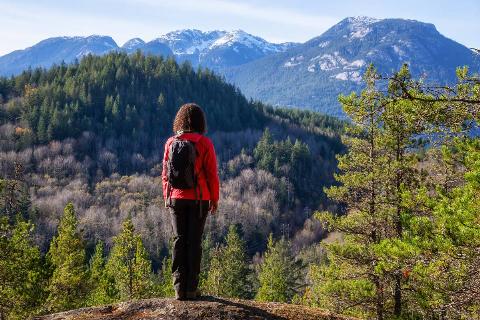 Woman looking at forest and mountains. 