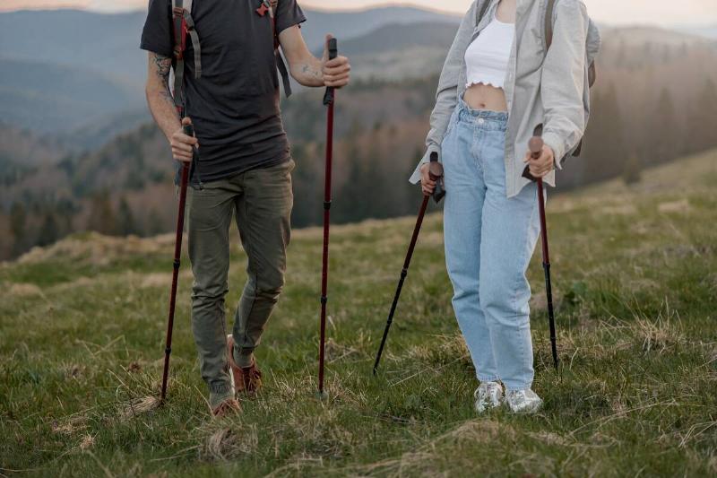 Two hikers on a hill using hiking poles. 