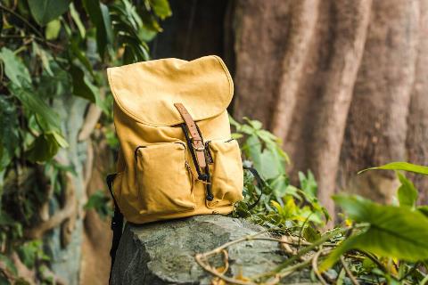 Close-up shot of vintage yellow backpack on rock in jungle.