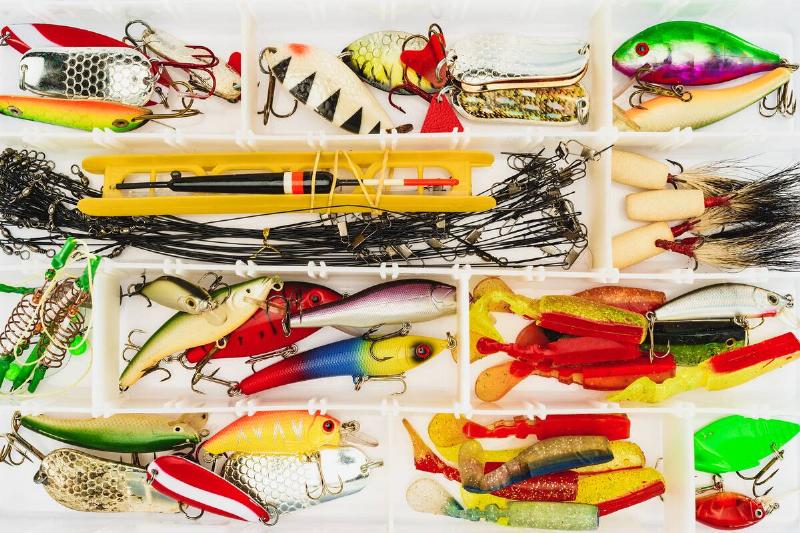 Elevated view of fishing tackle and bait in plastic box.