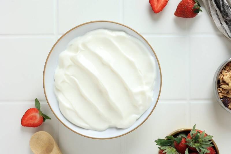 A bowl of plain greek yogurt. 