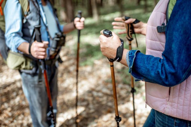 Senior man and woman hiking with trekking sticks in the forest.