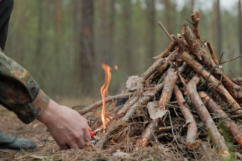 Man starts a fire in the forest using a lighter.