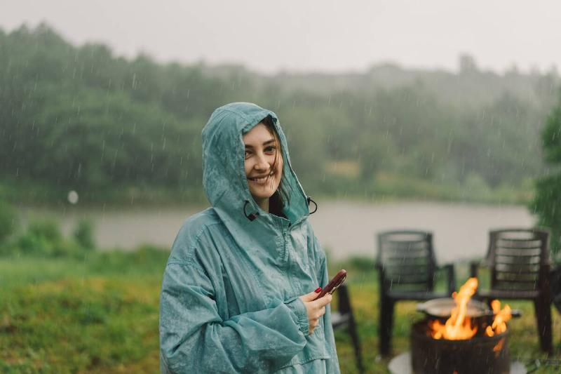Girl in blue raincoat outside. 