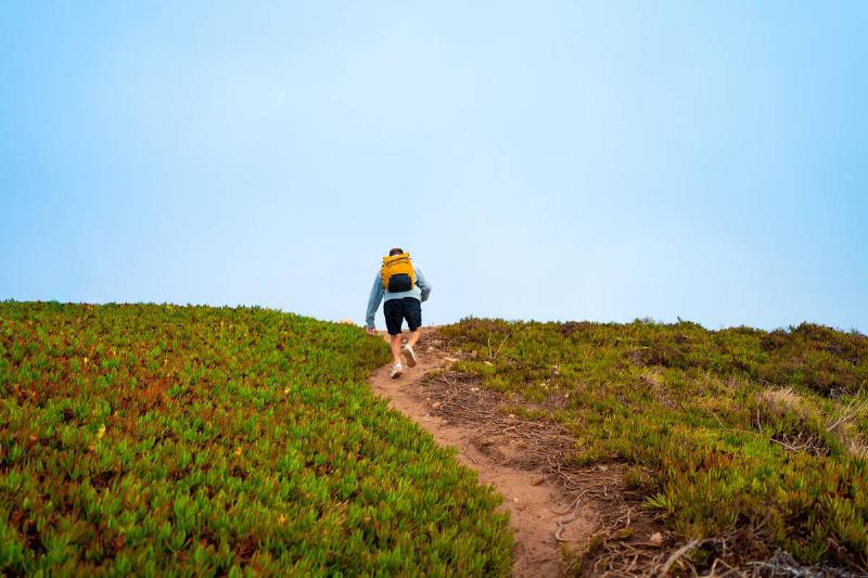A hiker climbing to the top of a hill. 