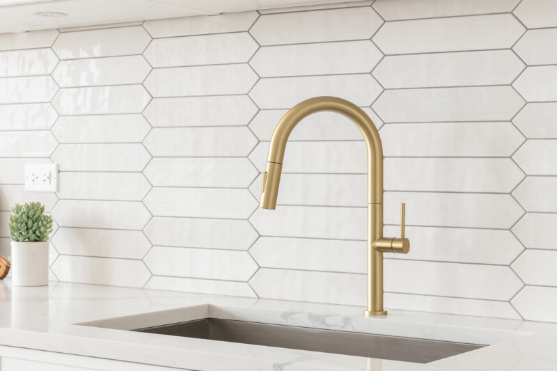 A white backsplash behind a gold faucet. 
