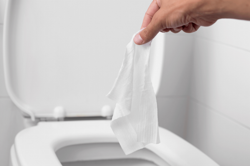 A hand holding a wipe over a toilet bowl. 