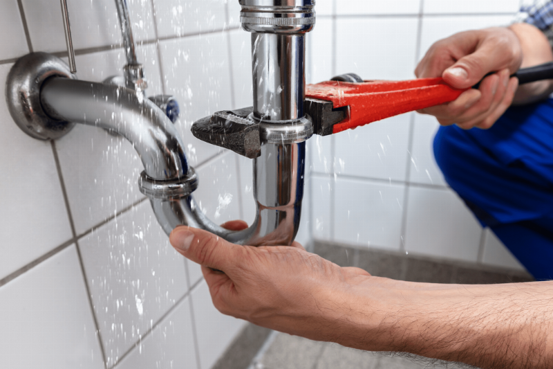 A plumber using a wrench on a pipe under a sink. 