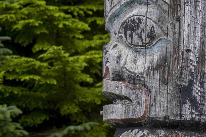 Detail of a totem pole in the village of Kake, a Tlingit village.