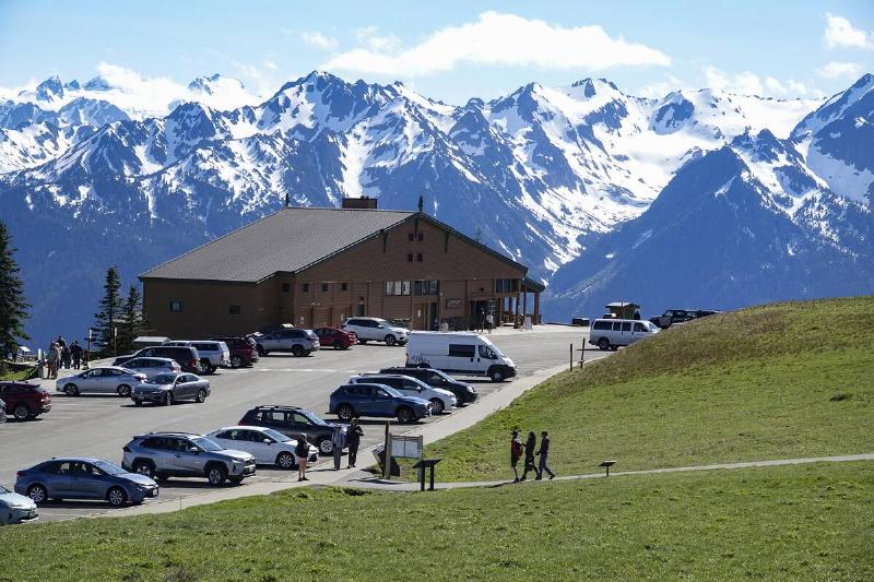 Olympic National Park visitors center, at an elevation of 5,242 feet (1,598 m) is a year-round destination. In summer, visitors come for views of the Olympic Mountains.