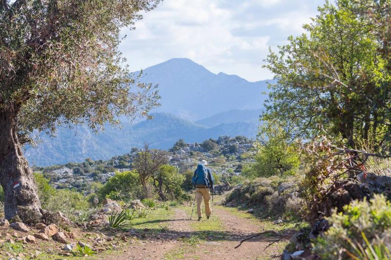 A man hiking on a trail. 