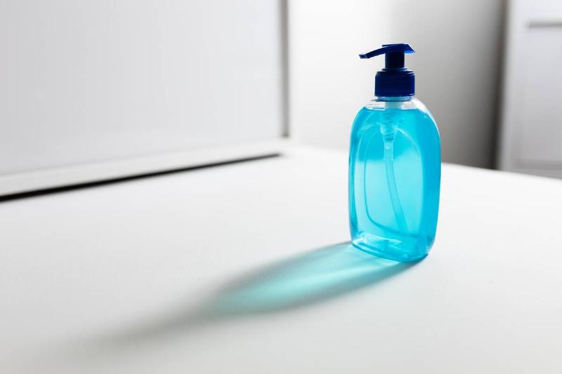 A bottle of blue hand sanitizer. 