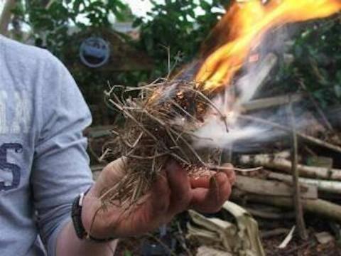 Man holding tinder on fire. 