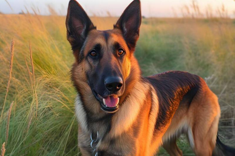 A brown German Shepherd dog standing in a lush green grassy field.