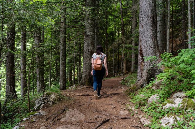 A woman with a backpack hiking on a trail in a forest. 