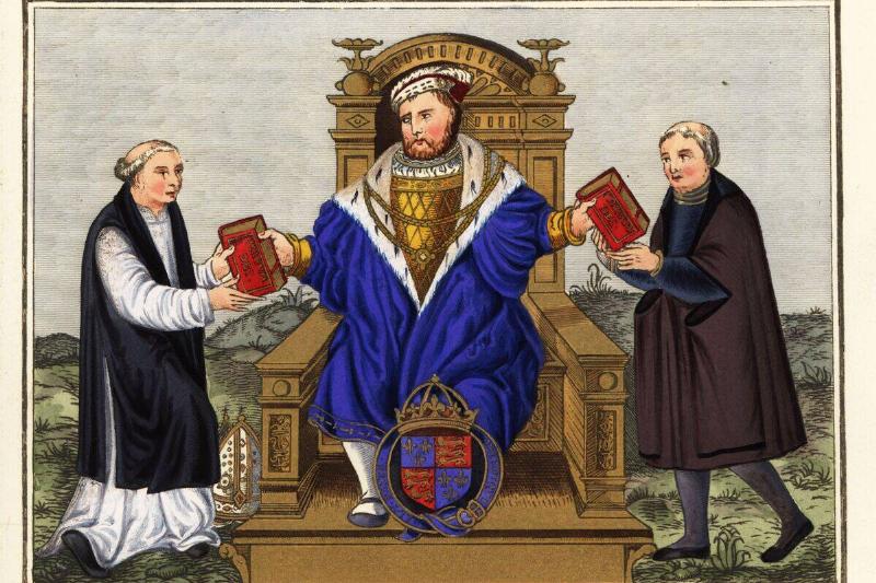 King Henry VIII of England on his throne giving bibles to Thomas Cranmer