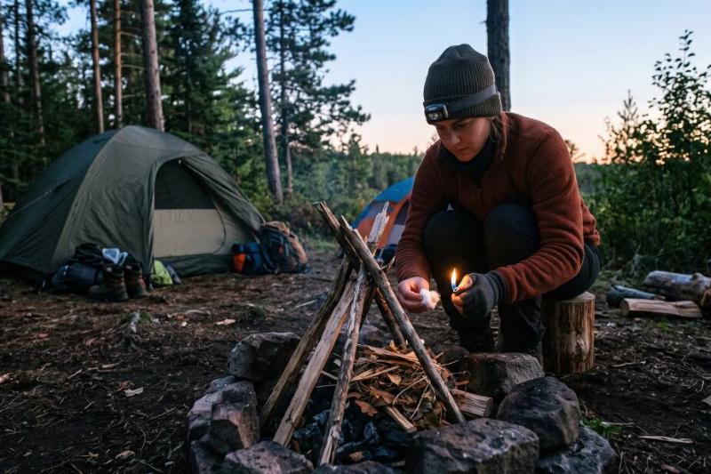 woman crouching in front of campfire pit, lighting cotton ball as fire starter