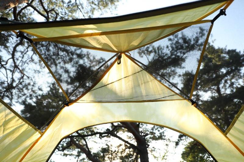 Modern camping tent in forest at summer with bug netting showing
