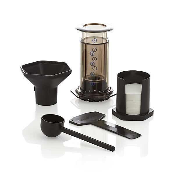 A standard AeroPress coffeemaker kit.