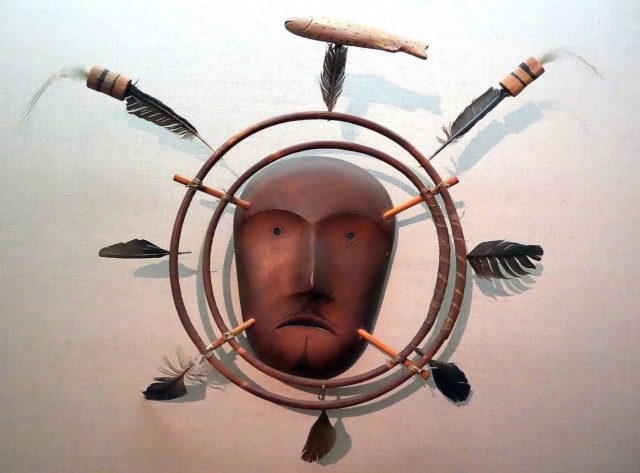 Exhibit in the De Young Museum, San Francisco, California, USA. Yupik mask