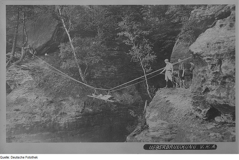 Tyrolean traverse used as emergency evacuation. Saxon Switzerland, 1926