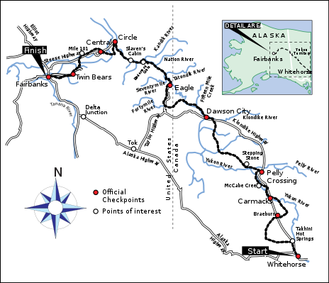 A map of the trail for the Yukon Quest International Sled Dog race, including checkpoints and points of interest
