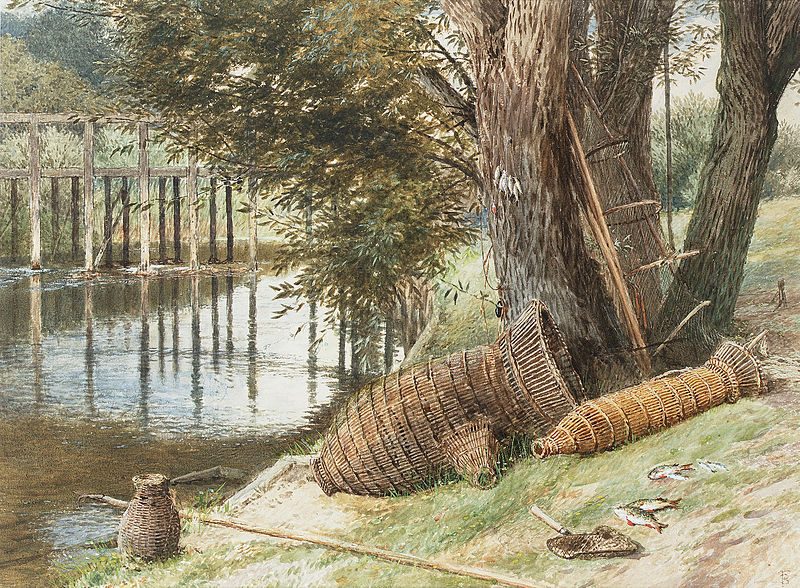 The Eel Traps. Signed with monogram, watercolor heightened with white